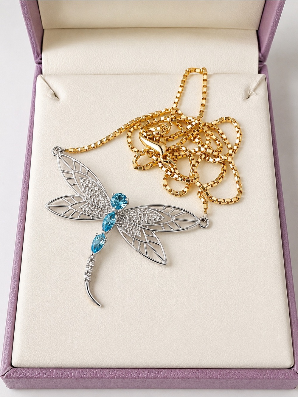 10k white & yellow gold Dragonfly Pendant Necklace with Blue topazes & diamonds